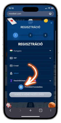 MostBet promóciós kód: regisztrációs adatok kitöltése HUF valutával