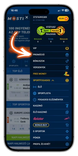 Mostbet oldalso menu, Promocio menupont kivalasztasa