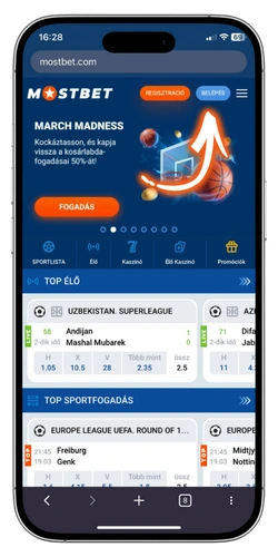 Mostbet bejelentkezés gomb a navigációs sávban