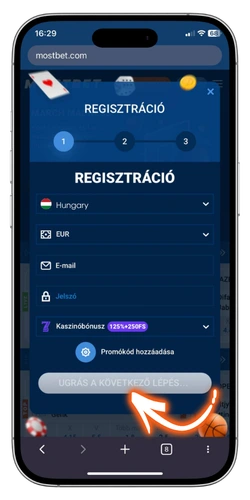 Mostbet regisztráció első lépése: ország, pénznem, e-mail és jelszó megadása