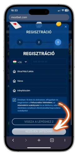 Mostbet regisztráció harmadik lépése: telefonszám és lakcím megadása