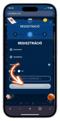 Mostbet regisztráció második lépése: név, születési dátum és nem megadása
